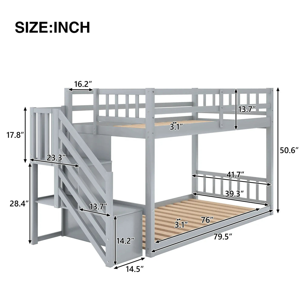 Floor Bunk Bed | Dual Guardrails | Ladder Storage | Twin Over Twin