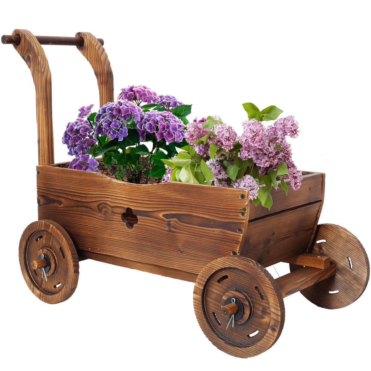 Wooden Wagon Planter Box | Four Sturdy Wheels | Ergonomic Handle | Brown