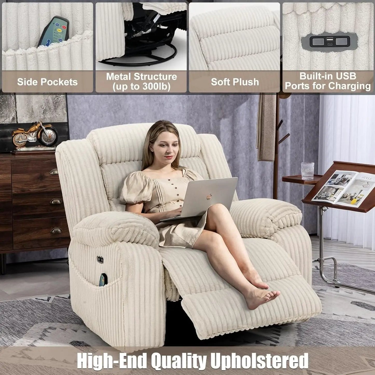Power Swivel Rocker Recliner Chair With Massage And USB Charging White from PriceLows™