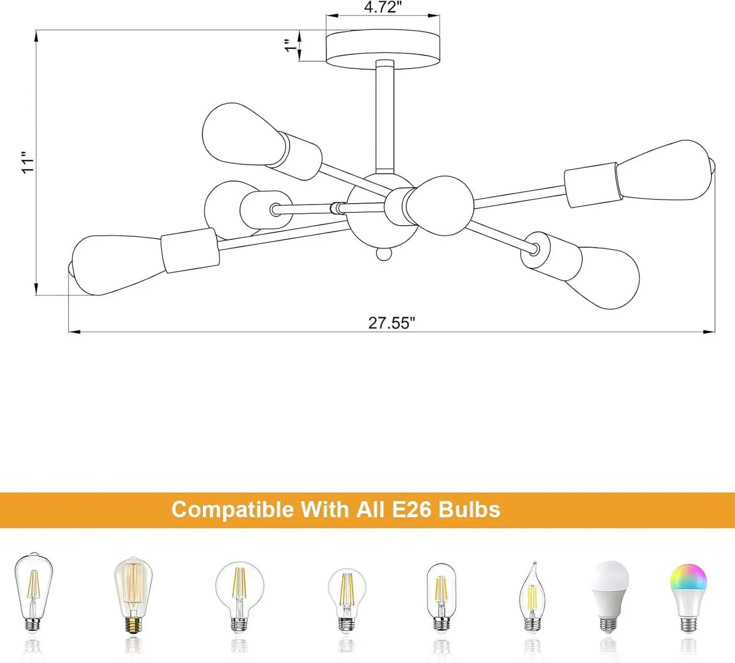 Black And Gold 6 Light Sputnik Ceiling Chandelier Semi Flush Mount UL Listed from PriceLows™