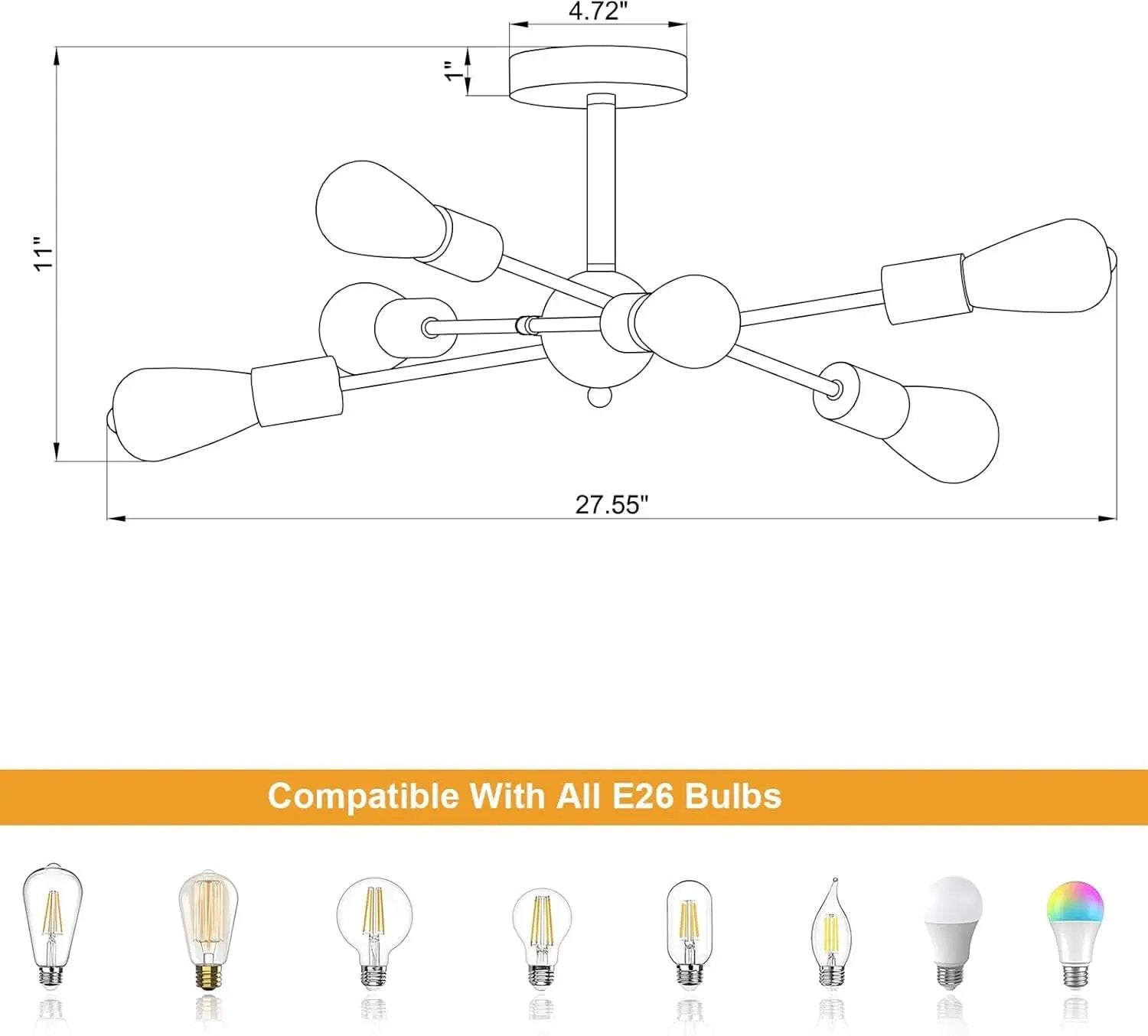 Black And Gold 6 Light Sputnik Ceiling Chandelier Semi Flush Mount UL Listed from PriceLows™