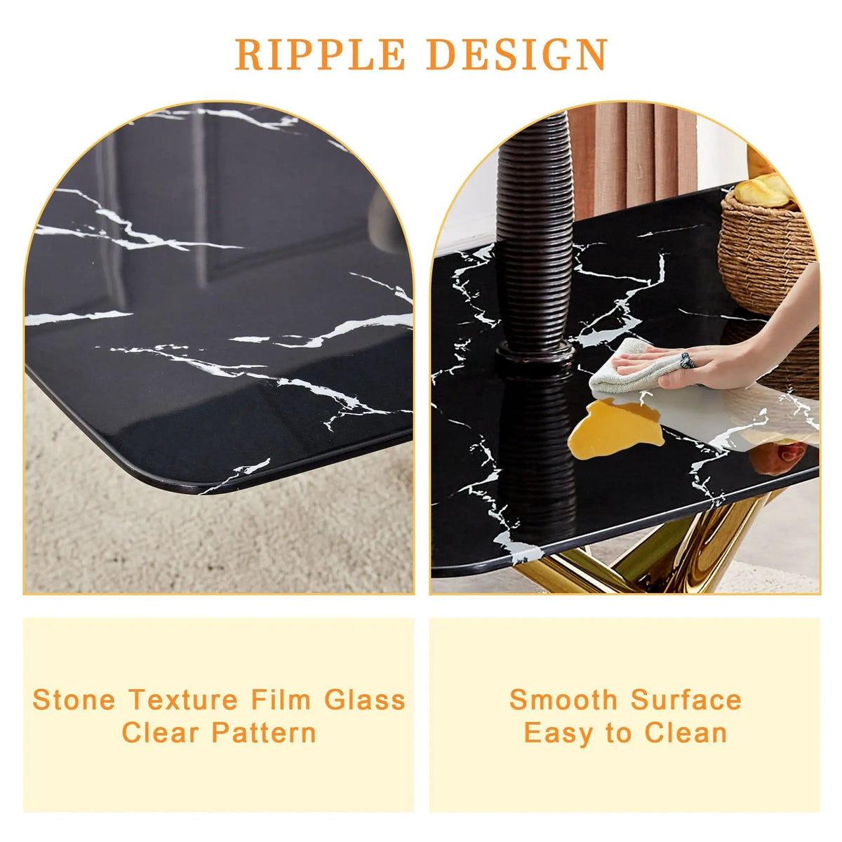 Luxurious Marble Patterned Dining Table With Metal Fork Legs | 63 x 35.4 x 30 in | Marble & Tempered Glass | Dining Room