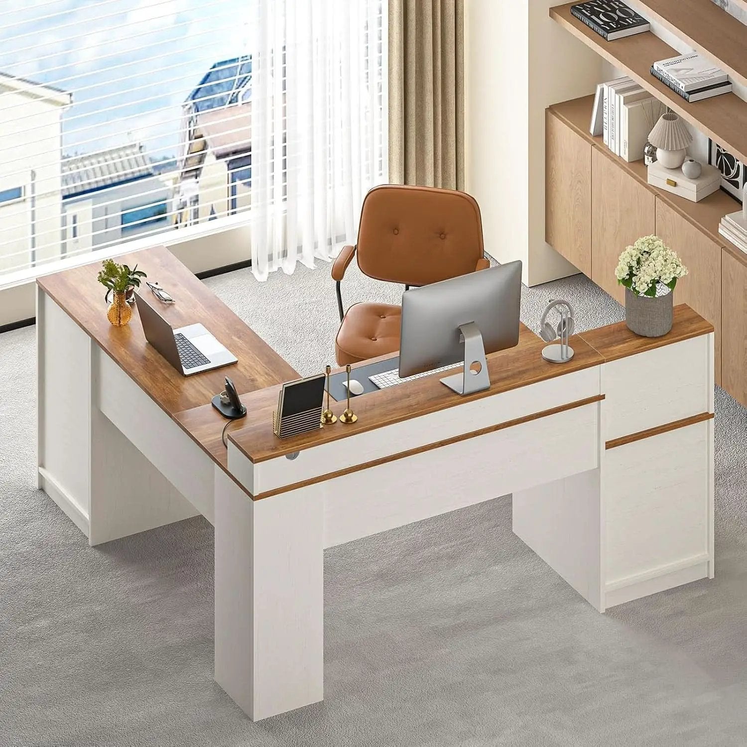 63 Inch L Shaped Desk With Built In Charging Station from PriceLows™