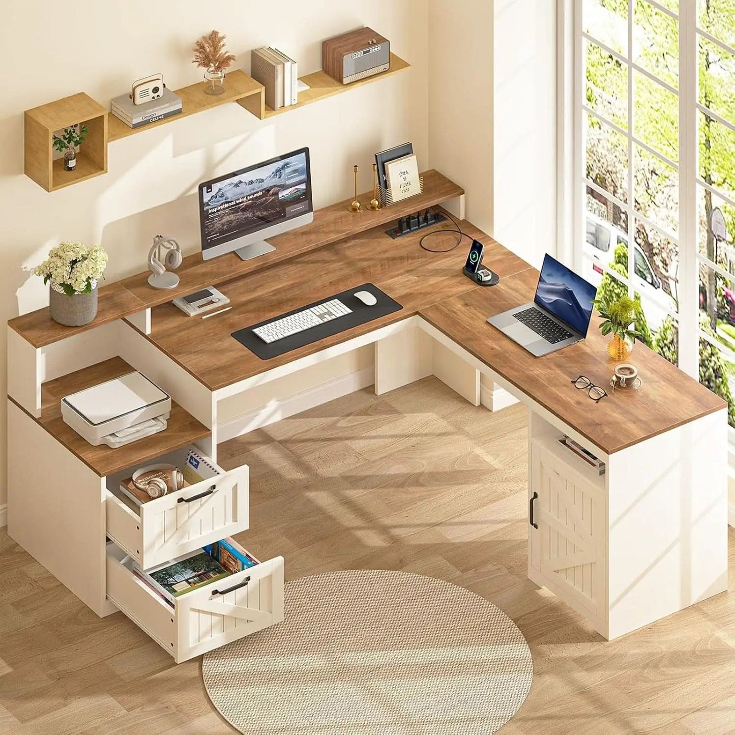 63 Inch L Shaped Desk With Built In Charging Station from PriceLows™