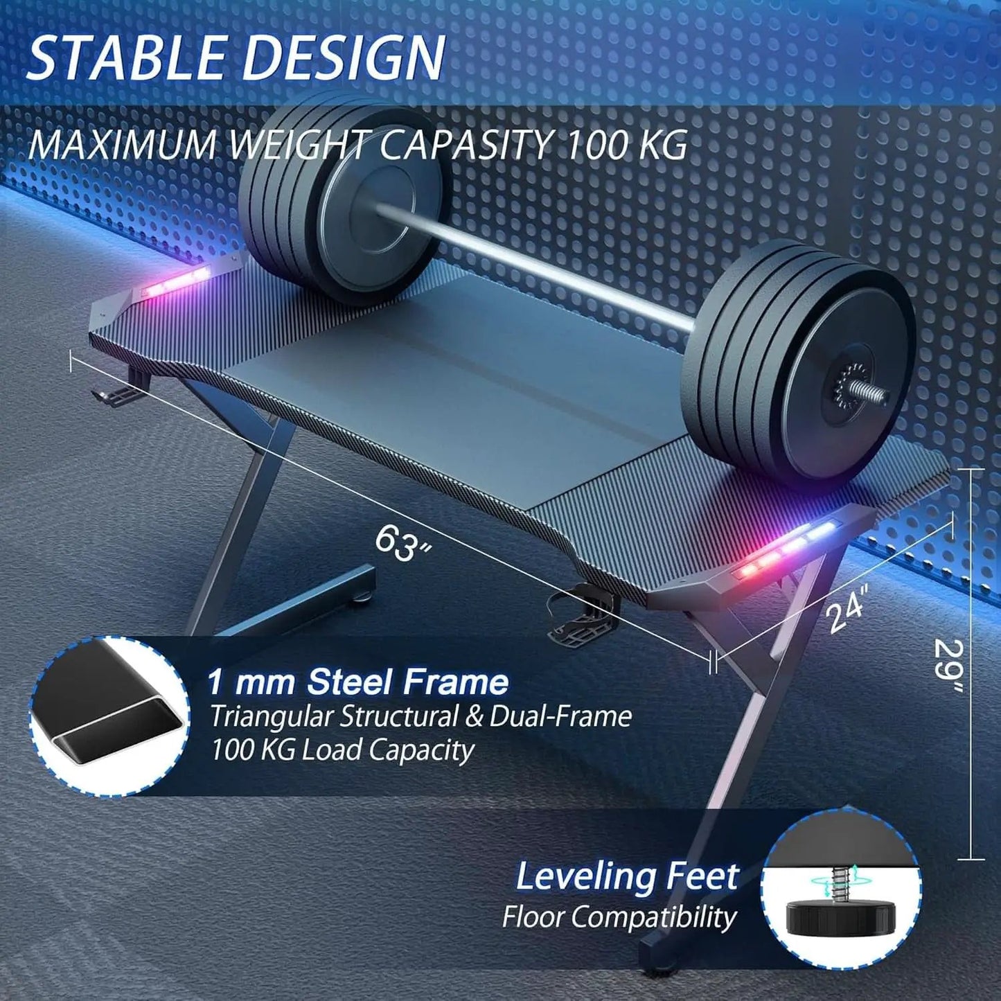 63 Inch Gaming Desk With LED Lights Carbon Fiber Desktop from PriceLows™