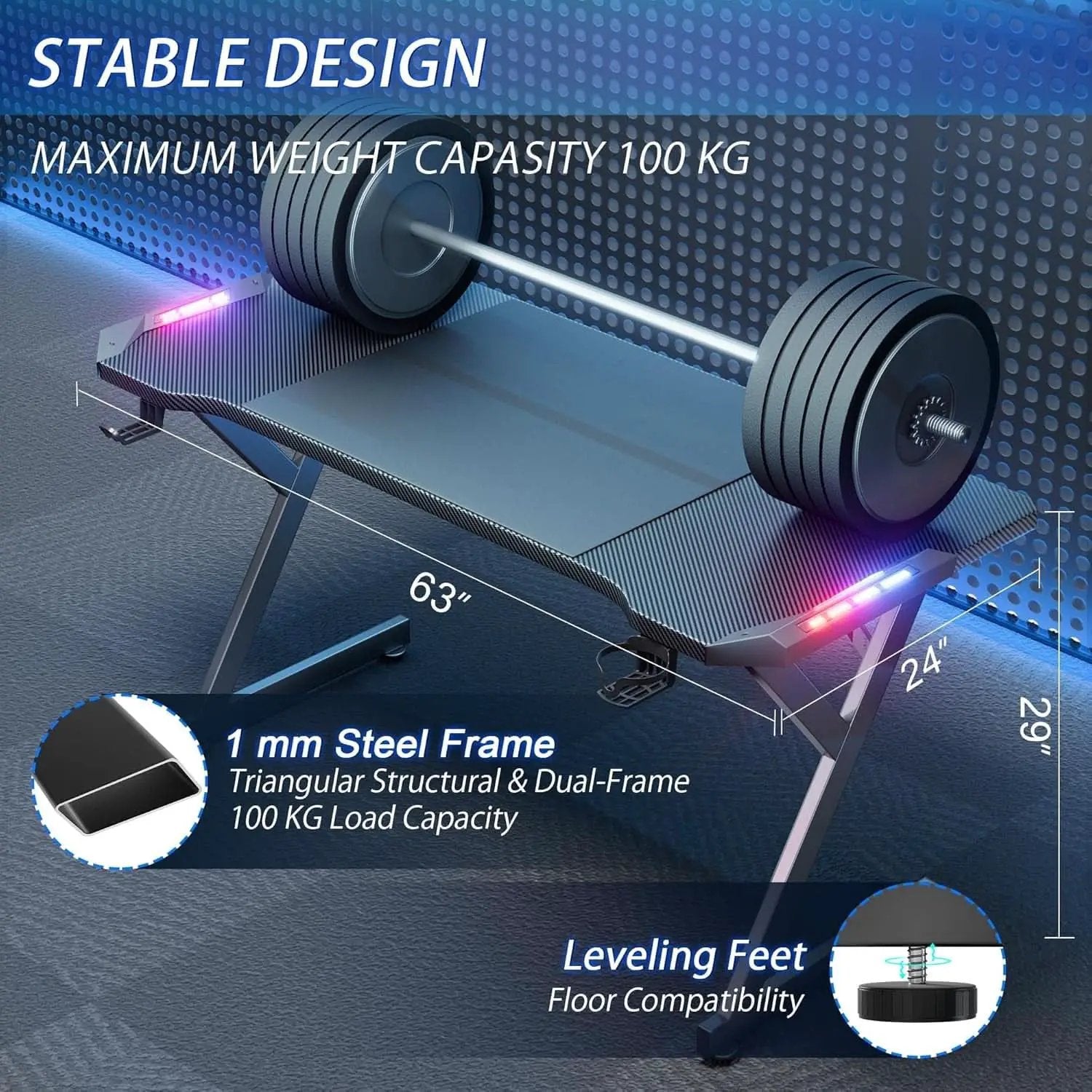 63 Inch Gaming Desk With LED Lights Carbon Fiber Desktop from PriceLows™