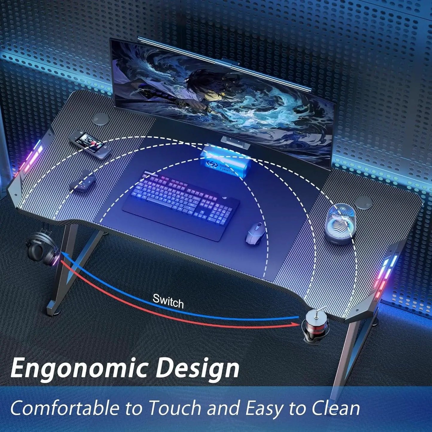63 Inch Gaming Desk With LED Lights Carbon Fiber Desktop from PriceLows™