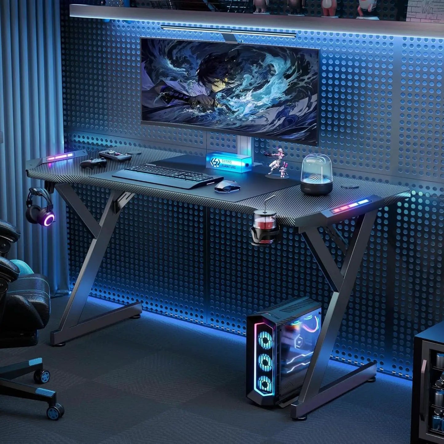 63 Inch Gaming Desk With LED Lights Carbon Fiber Desktop from PriceLows™