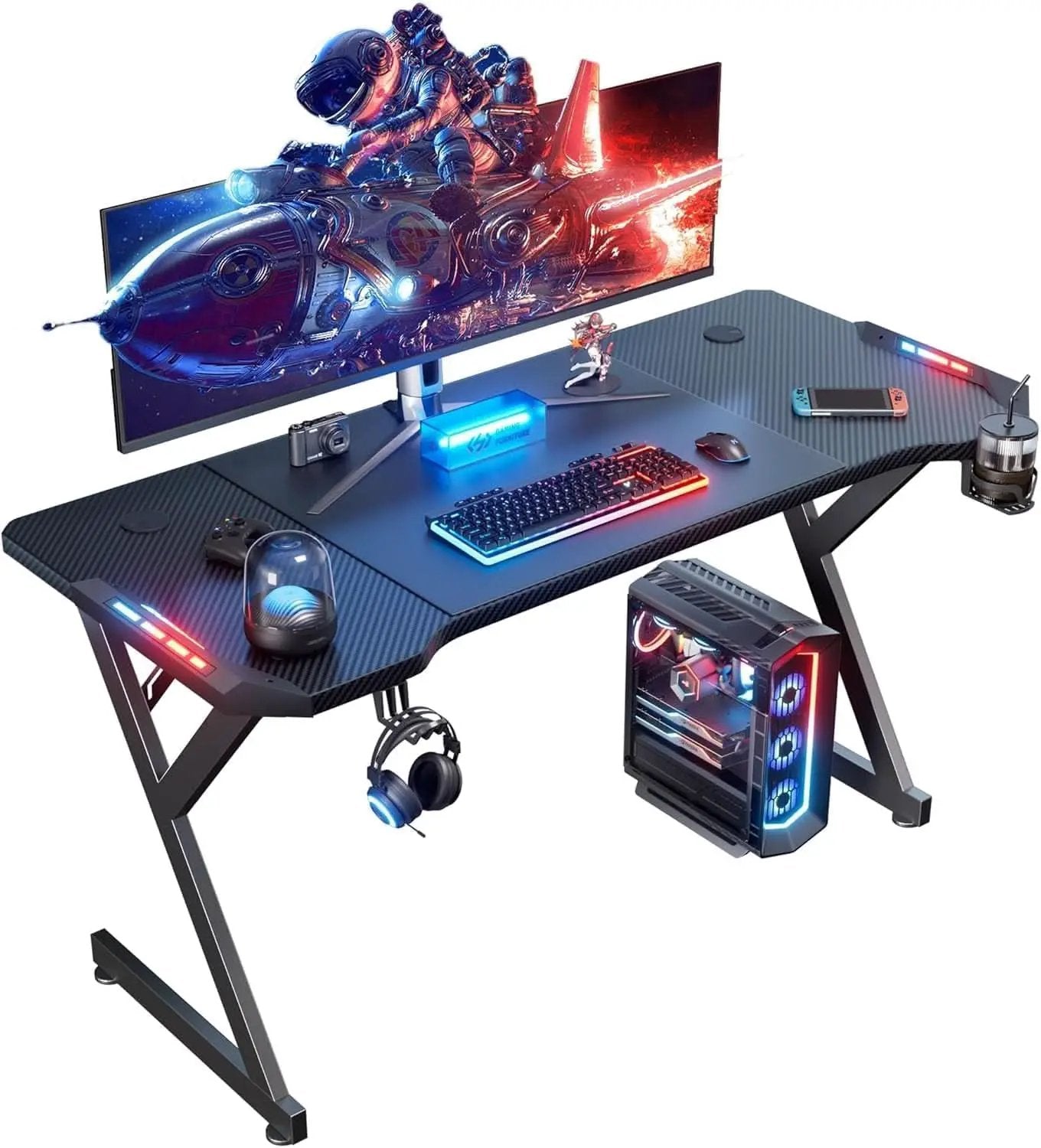 63 Inch Gaming Desk With LED Lights Carbon Fiber Desktop from PriceLows™