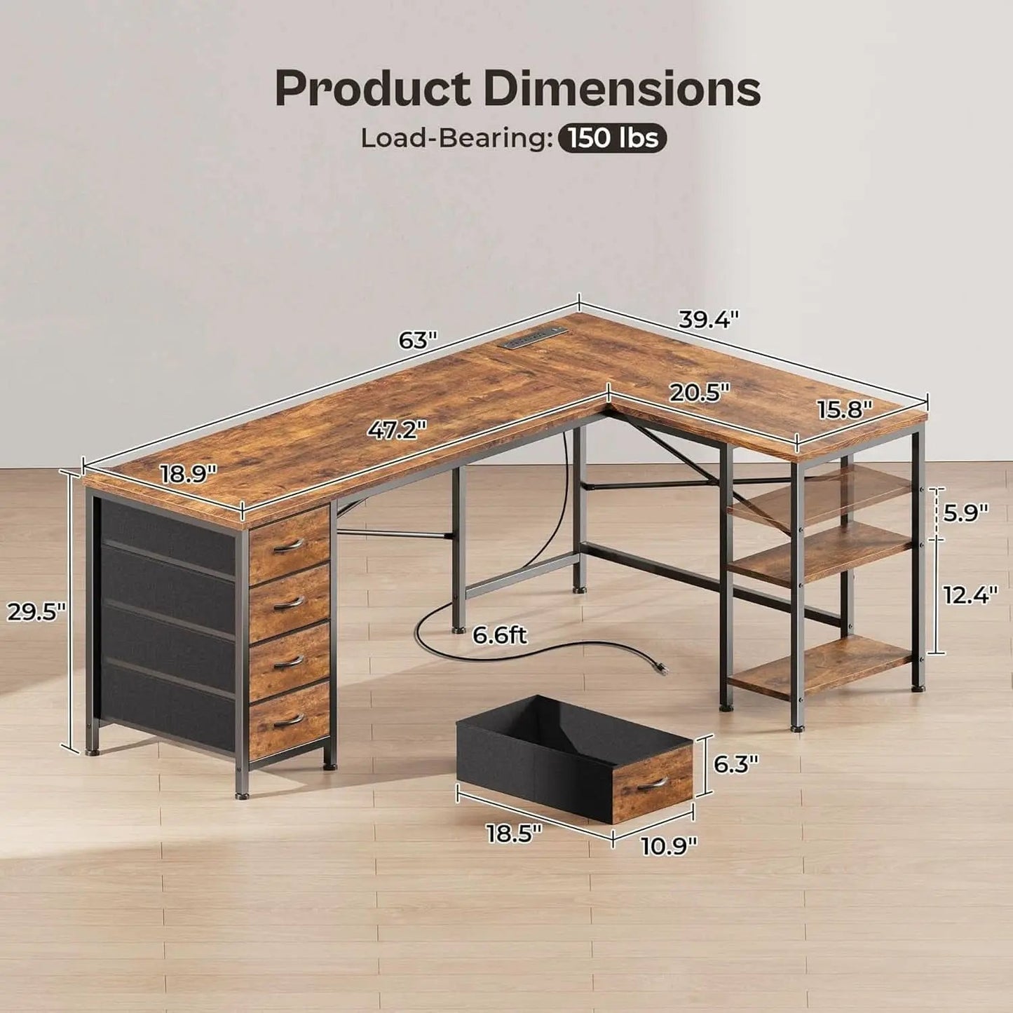 63 Inch L Shaped Desk With Built In Power Outlets And USB from PriceLows™