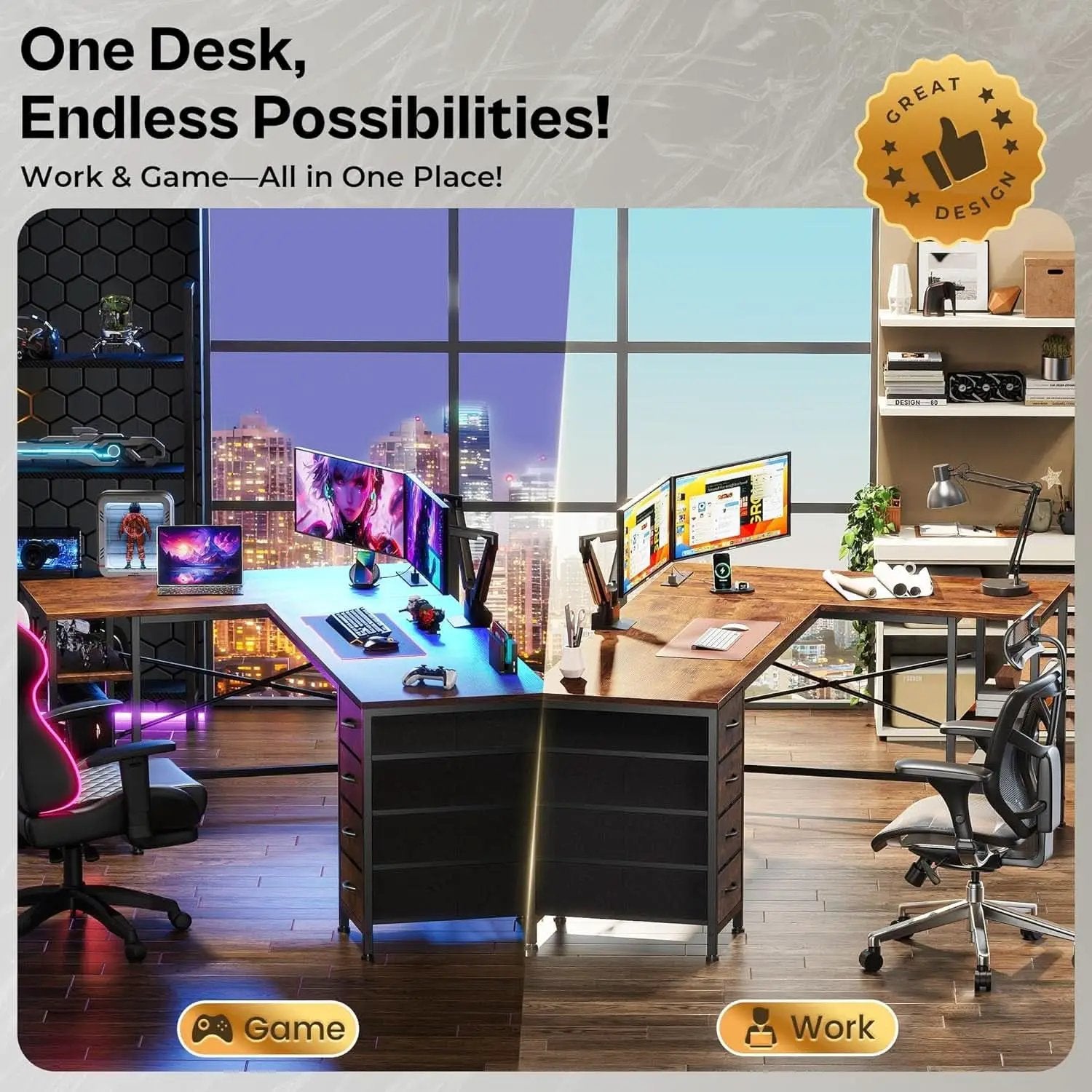 63 Inch L Shaped Desk With Built In Power Outlets And USB from PriceLows™