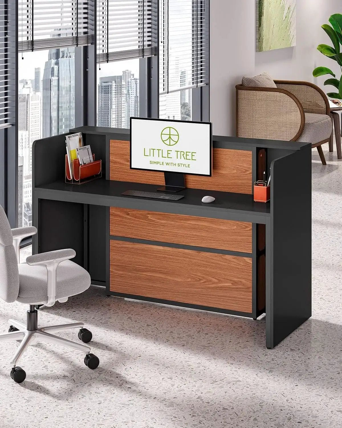 63 Inch Reception Desk Black And Brown Office Counter from PriceLows™
