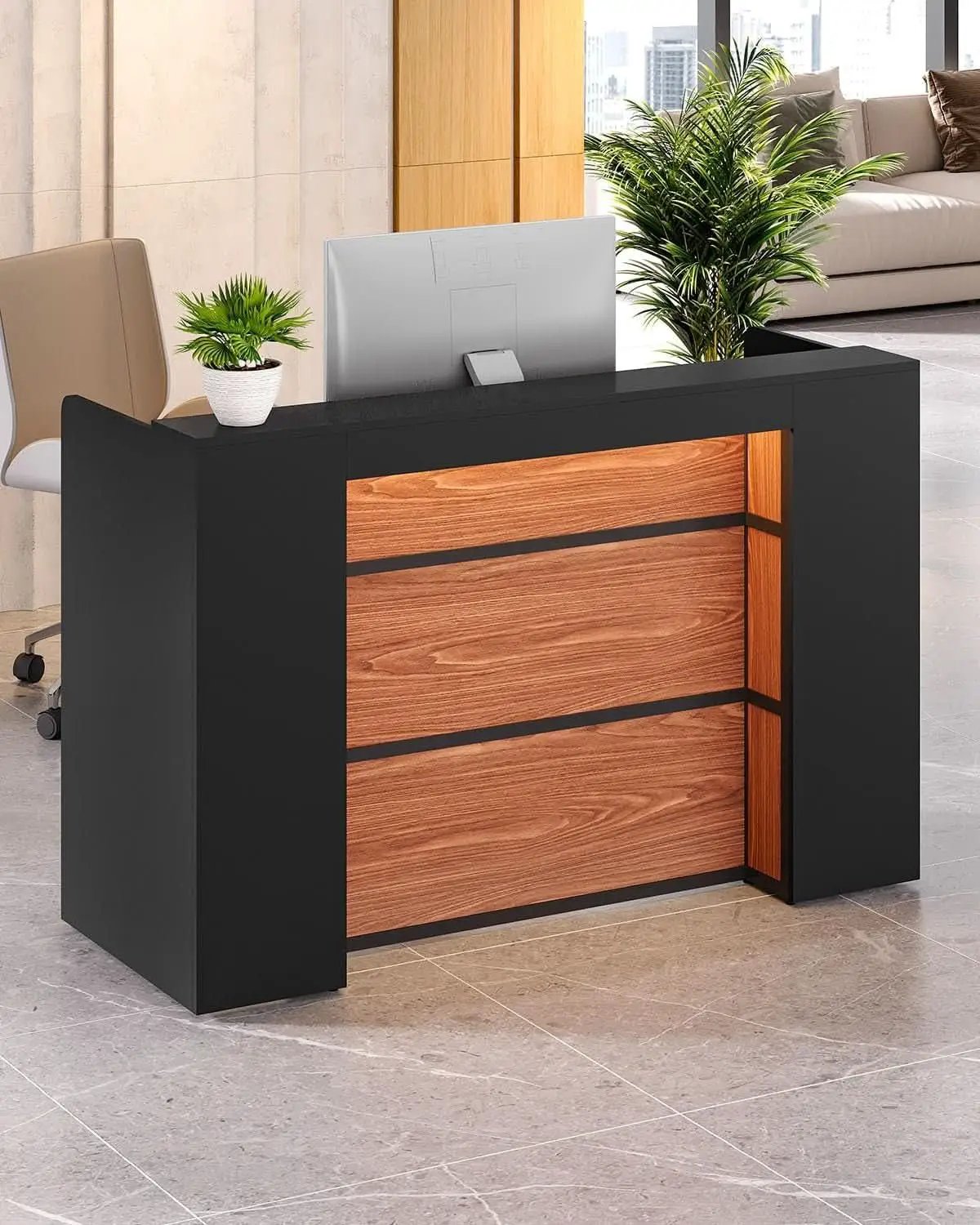 63 Inch Reception Desk Black And Brown Office Counter from PriceLows™