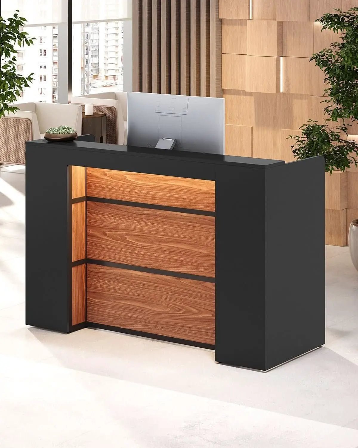 63 Inch Reception Desk Black And Brown Office Counter from PriceLows™