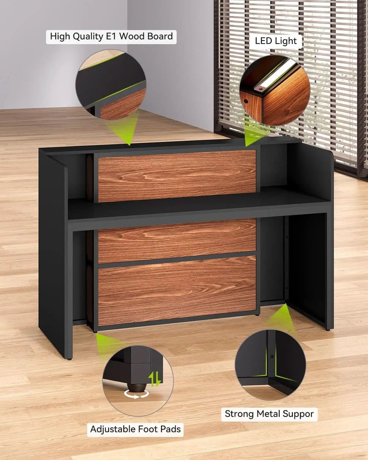 63 Inch Reception Desk Black And Brown Office Counter from PriceLows™