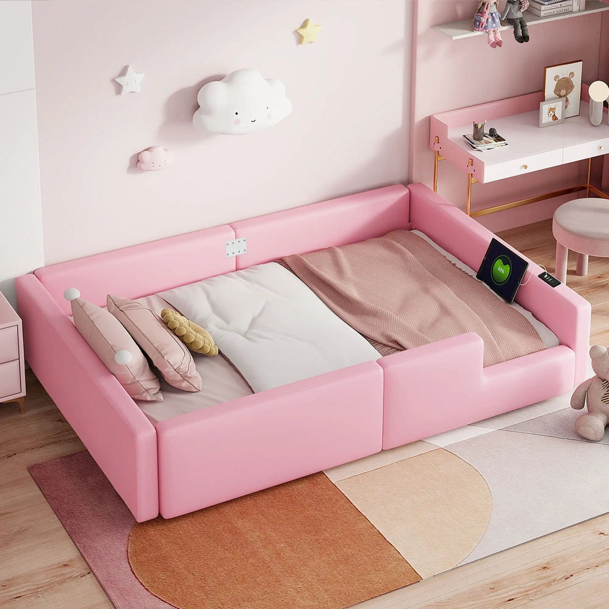 Platform Bed With Guardrail And Charging Station | 2 Pieces | Pine Wood | Bedroom