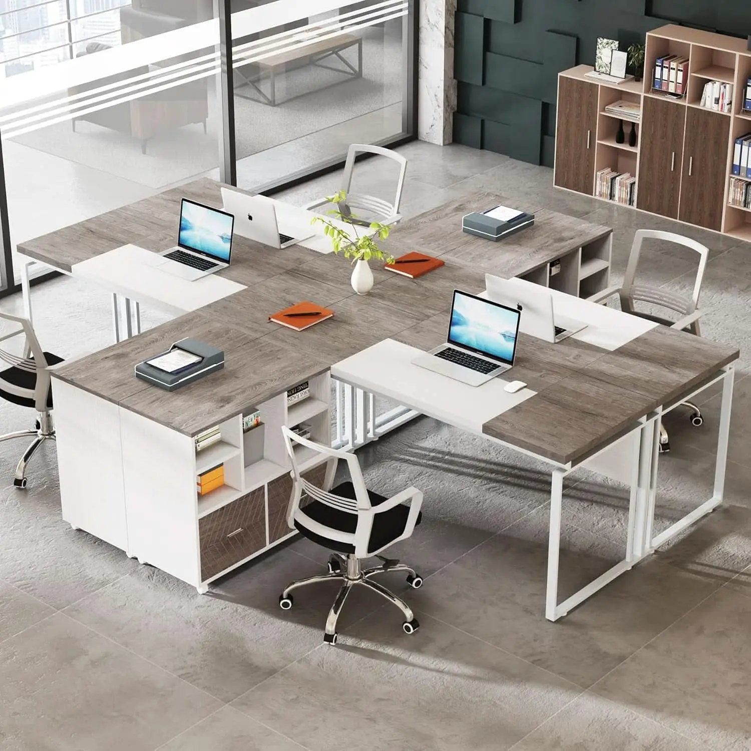 63 Inch L Shaped Desk Gray White With Reversible File Cabinet from PriceLows™