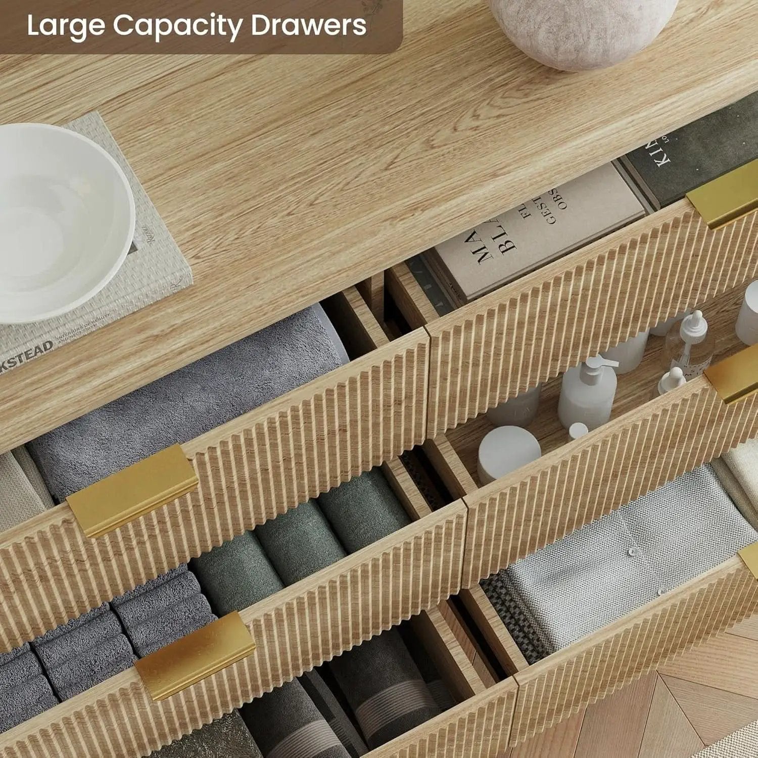 Fluted 49Inch Serpentine Dresser Oak Finish Contemporary from PriceLows™