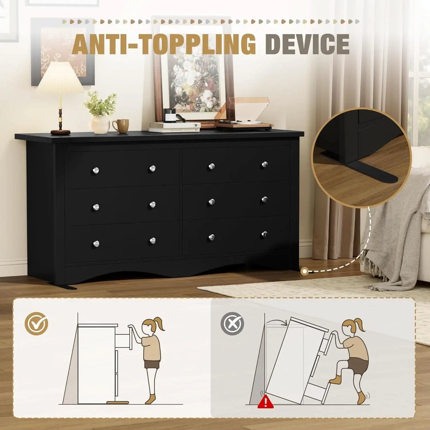 Glossy Black 52 Inch Six Drawer Dresser for Modern Storage from PriceLows™