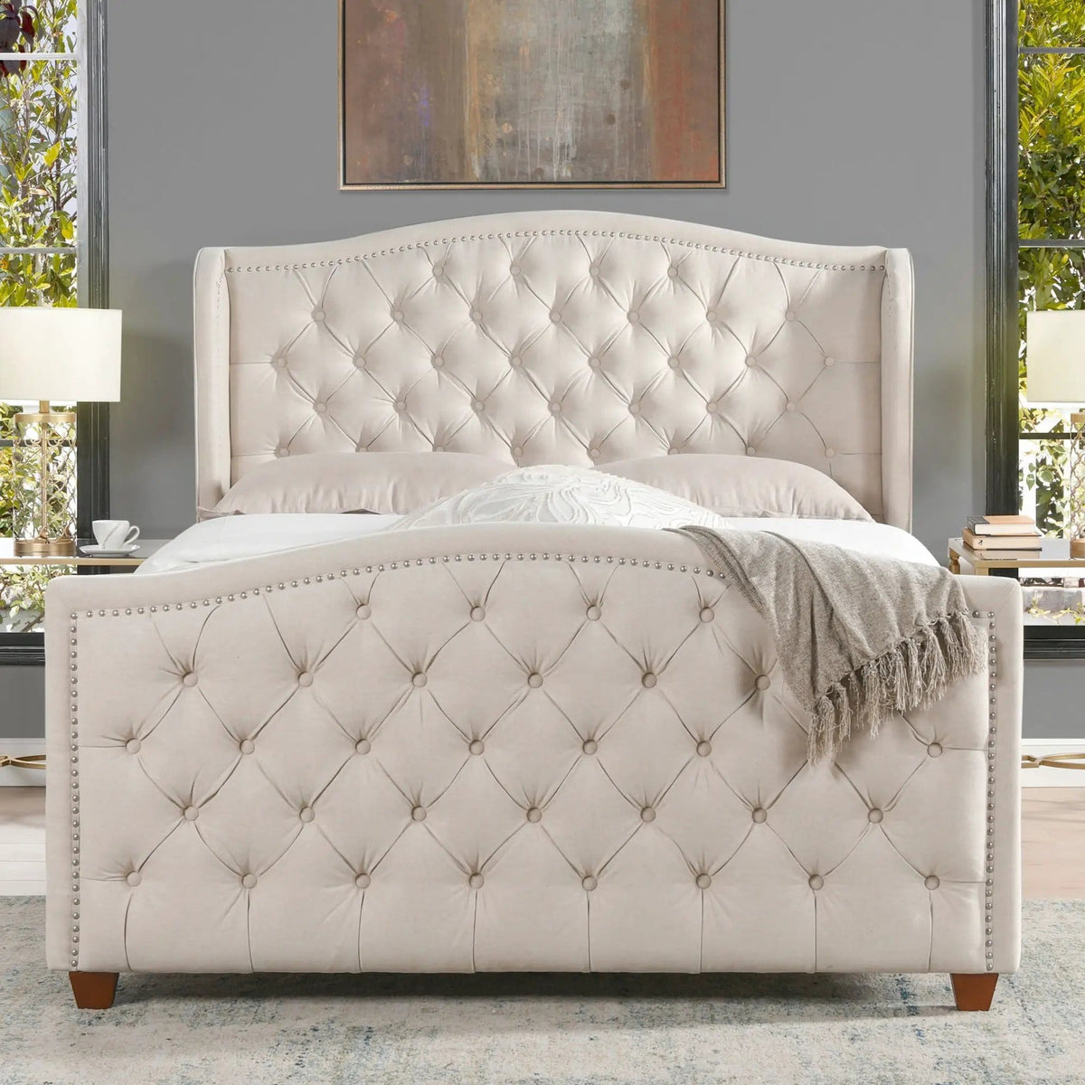 Marcella Upholstered Shelter Headboard Bed | 5 Pieces | Fabric & Iron | Bedroom