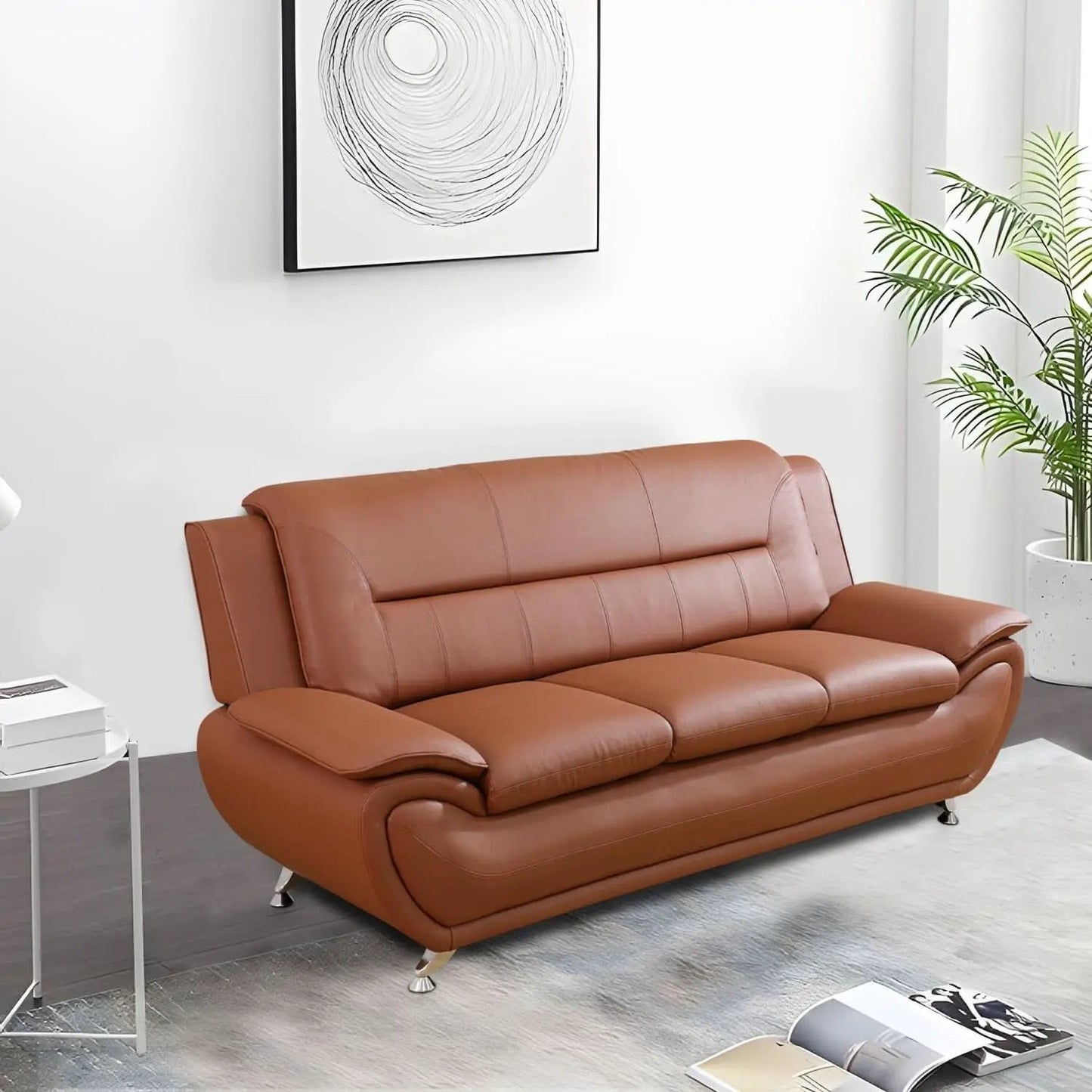 Faux Leather Two Piece Sofa Set In Orange With Wood Frame from PriceLows™
