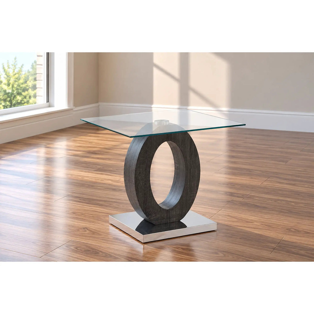 Tracker End Table | Brown And White | Clear Glass Top | Oval Style Base
