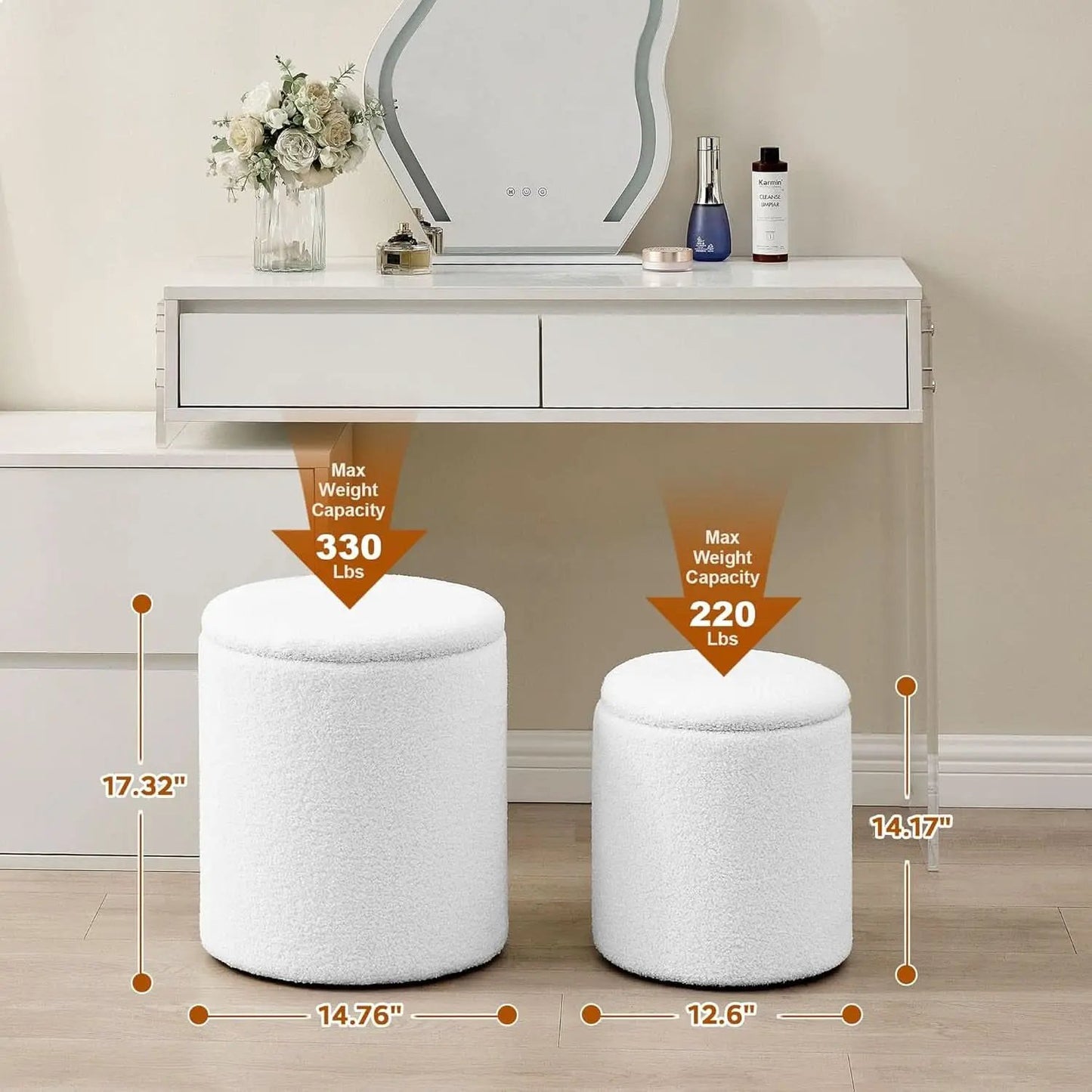 White Round Boucle Velvet Upholstered Storage Ottoman from PriceLows™