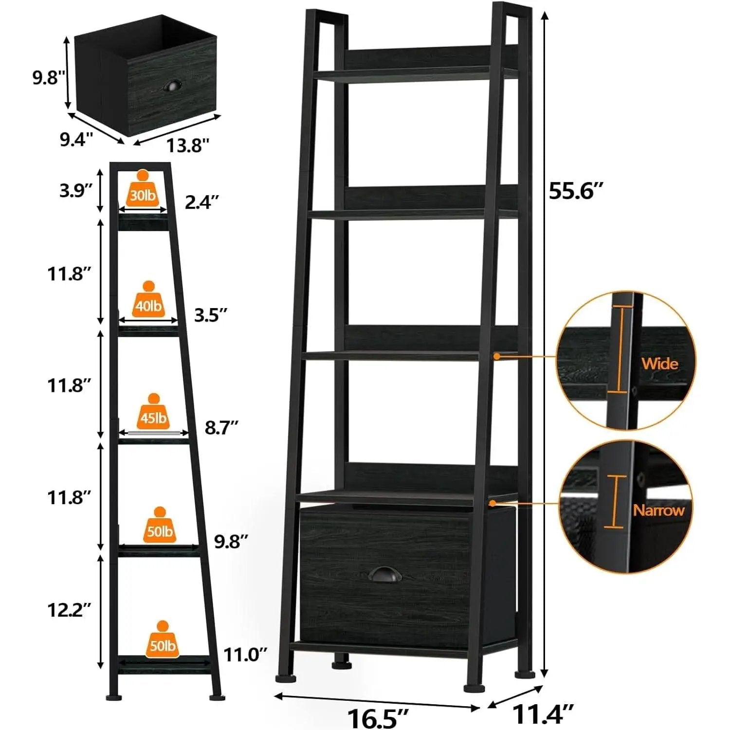 5 Tier Ladder Shelf With Drawer Narrow Black Oak Finish from PriceLows™
