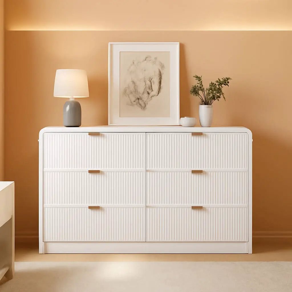 Fluted 6 Drawer Dresser 54 Inch White Solid Wood Storage from PriceLows™