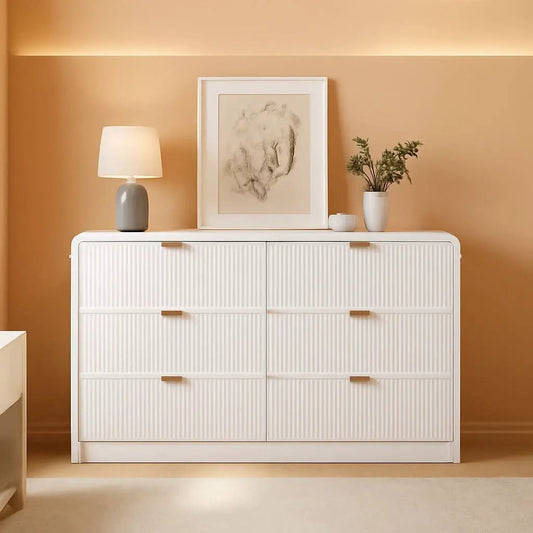 Fluted 6 Drawer Dresser 54 Inch White Solid Wood Storage from PriceLows™