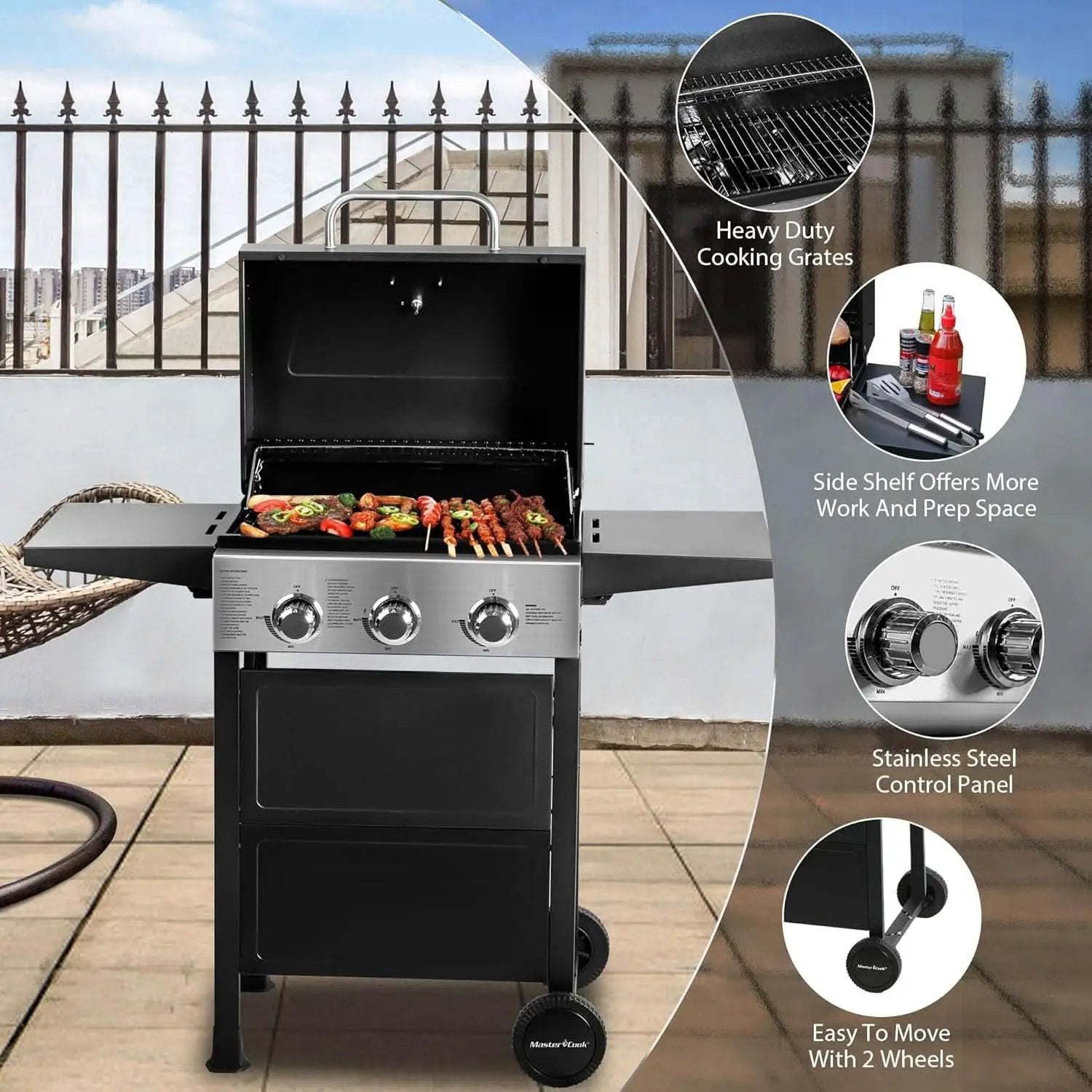 3-Burner Propane Gas Grill With Foldable Side Shelves 30,000 BTU Stainless Steel Outdoor Grill from PriceLows™