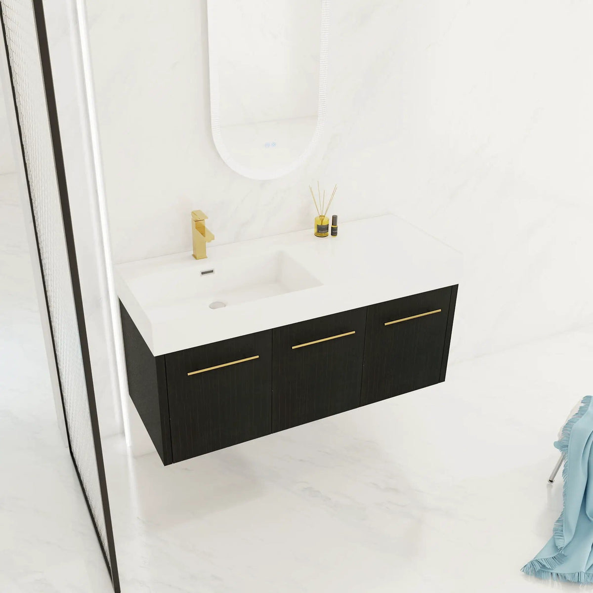 Contemporary 48" Wall Mounted Bathroom Vanity With Resin Sink And Soft Closing Doors | 47.3 x 18.1 x 22.4 in | Stainless Steel & Plywood | Bathroom