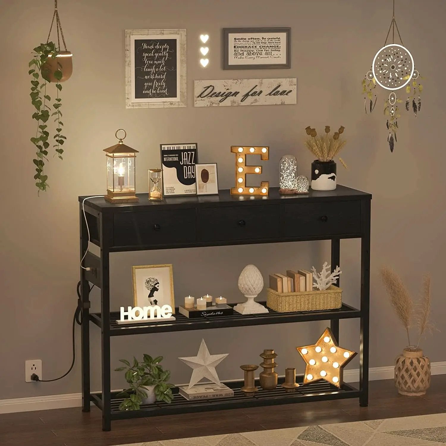Black Console Table With USB Ports And Outlets For Living Room from PriceLows™