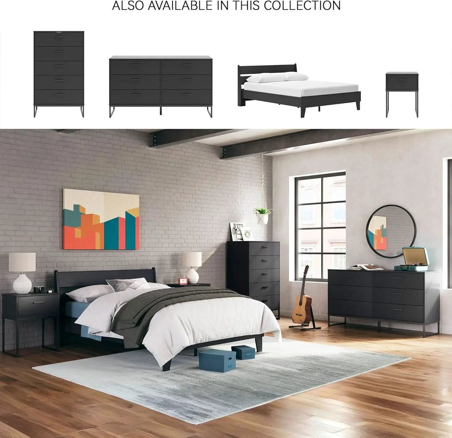 Modern 5-Drawer Chest with Safety Stop, Black Finish for Bedroom from PriceLows™