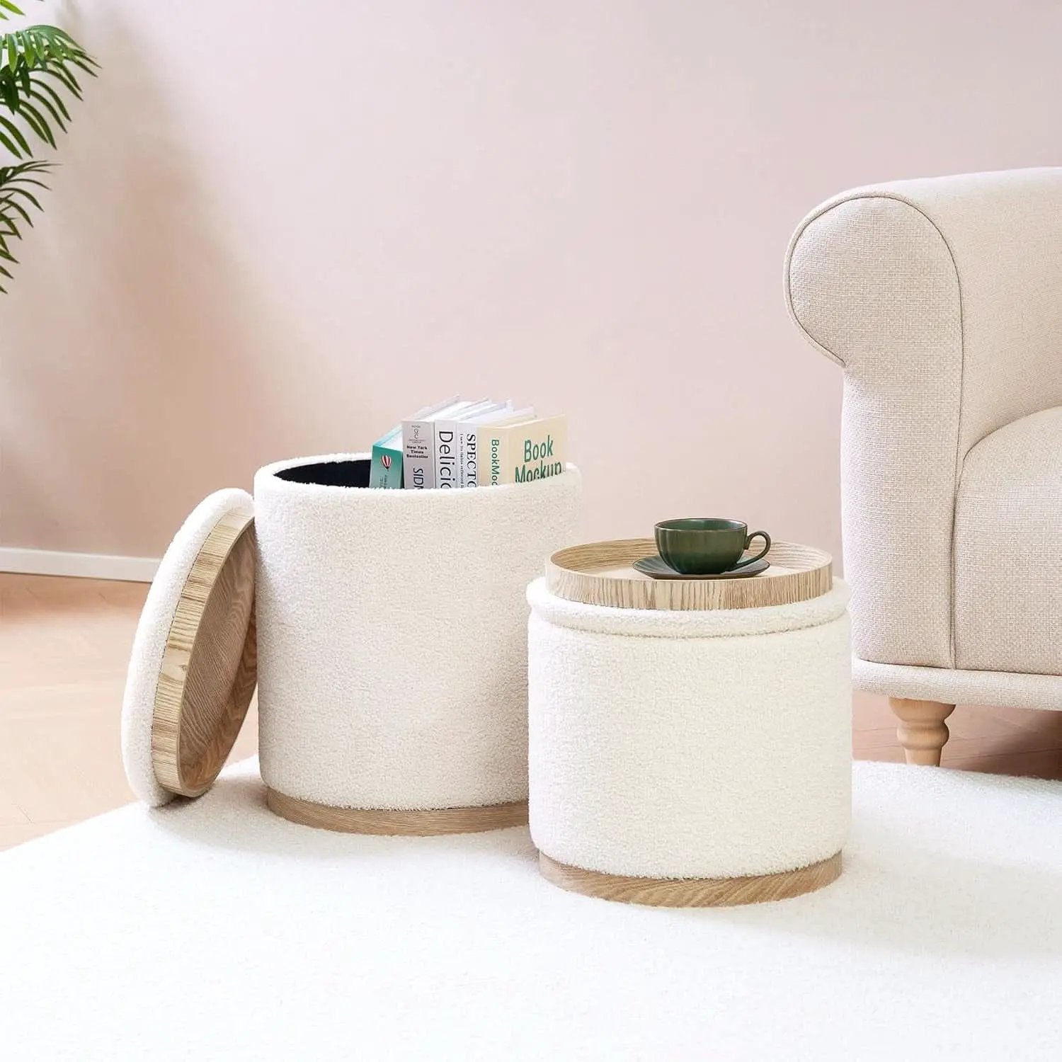 White Velvet Round Storage Ottoman FifteenInches Compact from PriceLows™