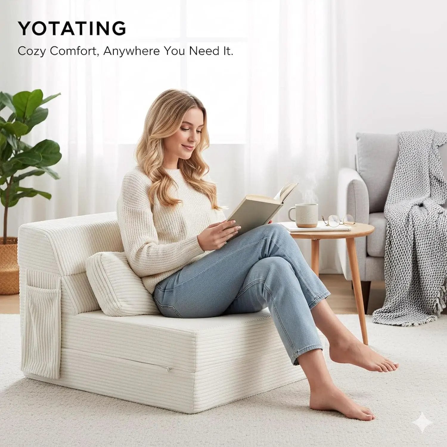 Beige Upholstered Folding Sofa Bed Convertible Floor from PriceLows™