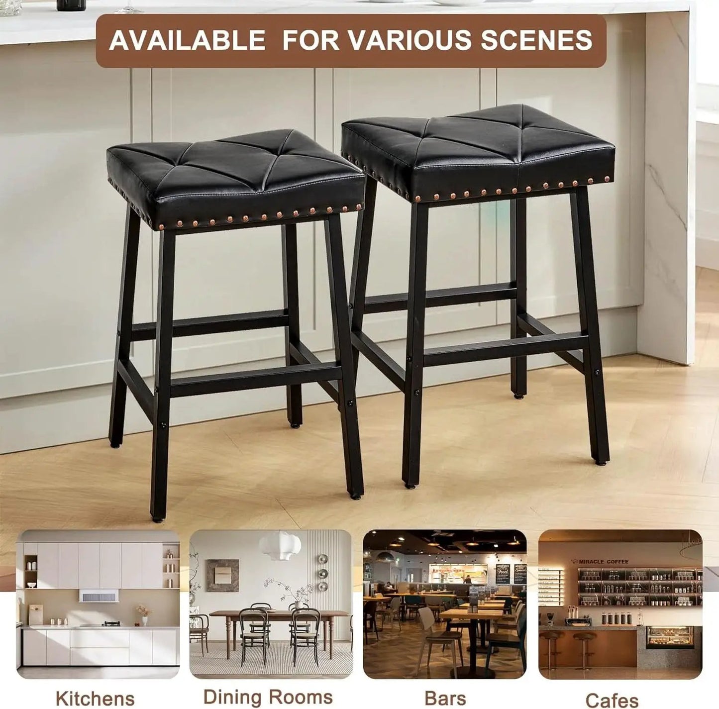 25 Inch Counter Height Bar Stools Set Of 2 In Black With PU Upholstered Saddle Seats For Comfort from PriceLows™