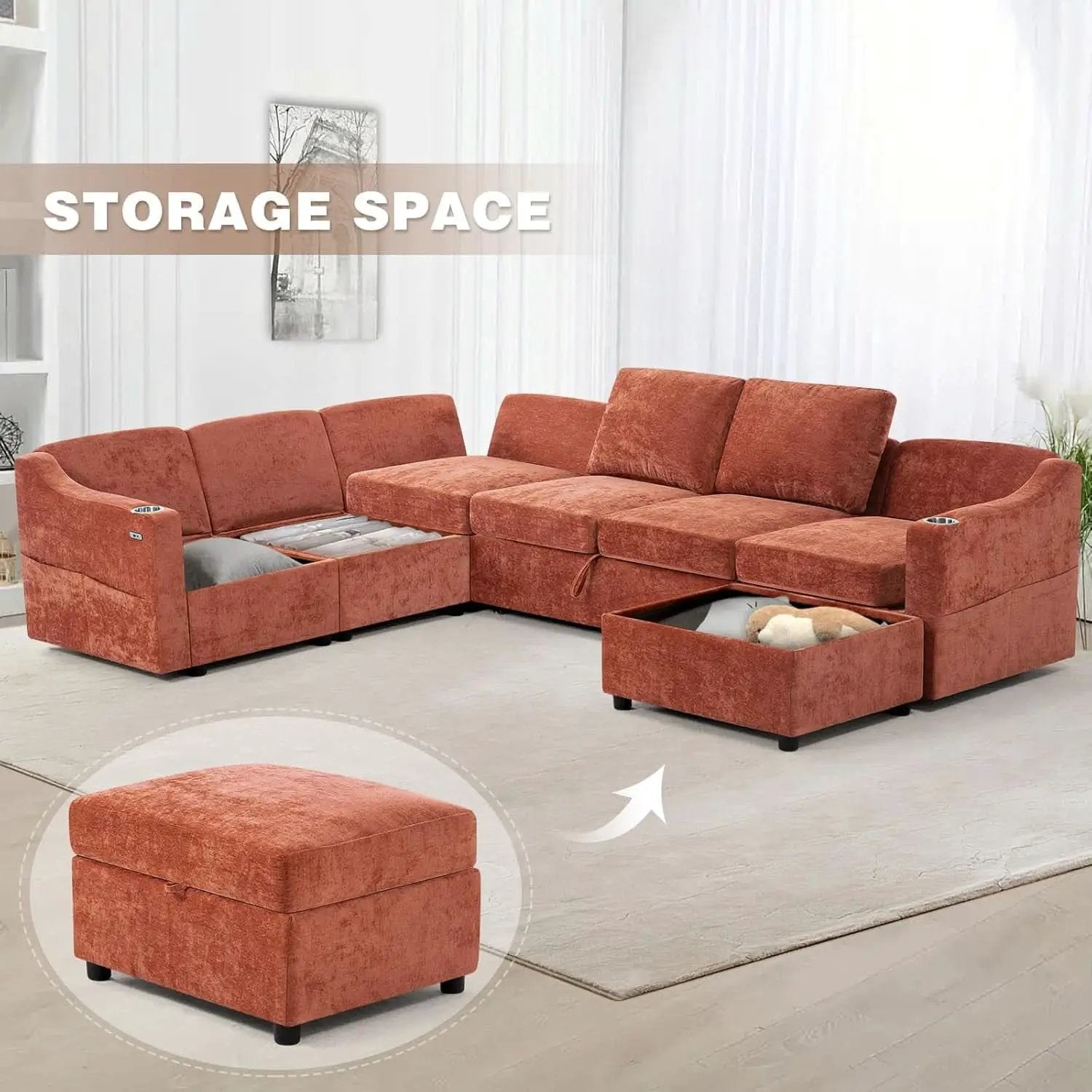116Inch Orange Chenille Fabric Modular Sleeper Sofa USB from PriceLows™