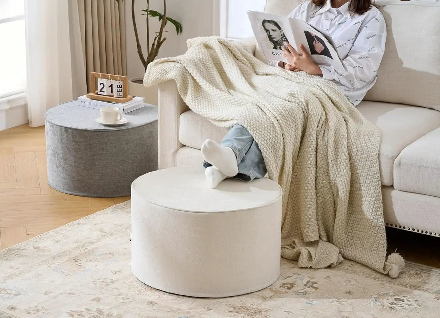 Twenty Two Inch Beige Ottoman Pouf With Ultra Premium Foam from PriceLows™