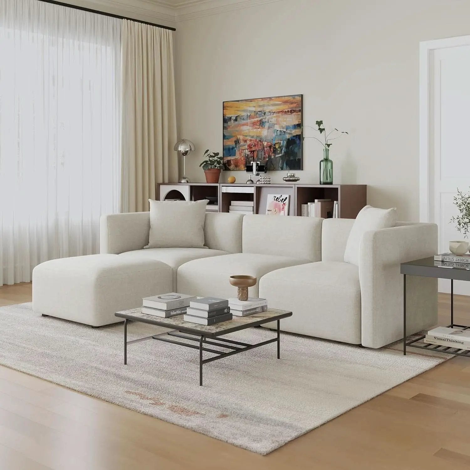 L Shaped Convertible Modular Sectional Sofa Cream Chaise from PriceLows™