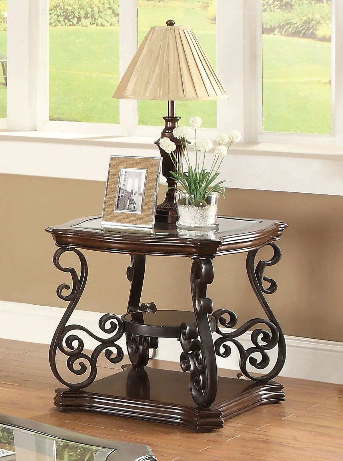 Laney 1-shelf Glass Top Square End Table Deep Merlot | 24.5 x 24.5 x 24.75 in | Engineered Wood & Tempered Glass | Living Room