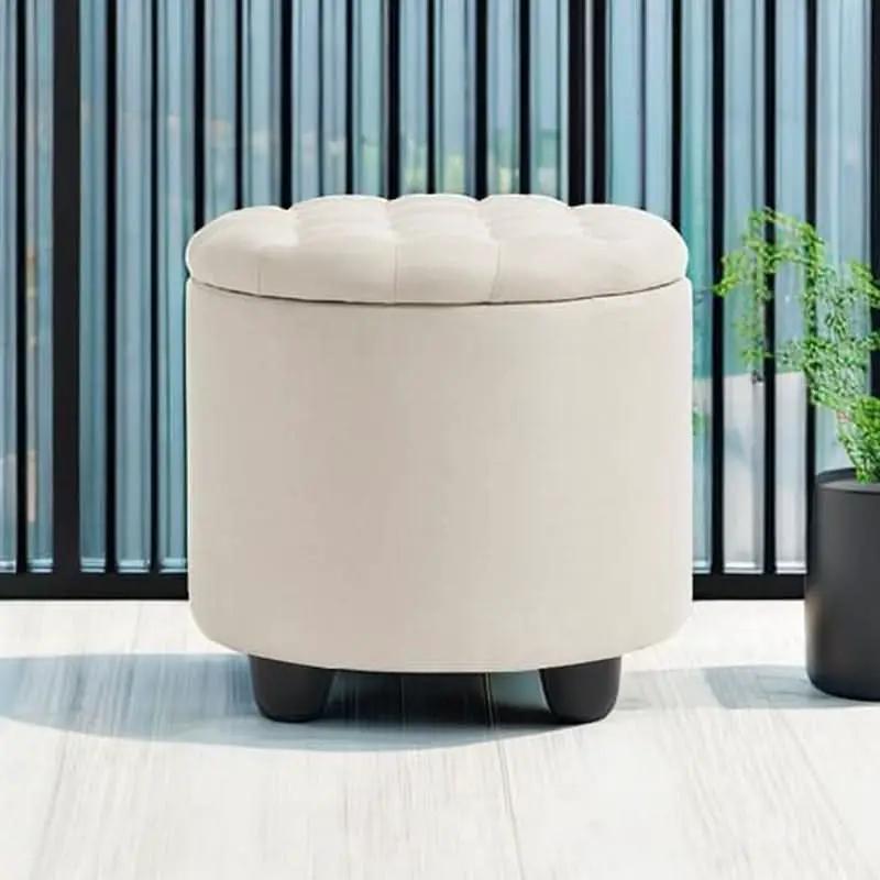 Beige Round Storage Ottoman Featuring Removable Lid from PriceLows™