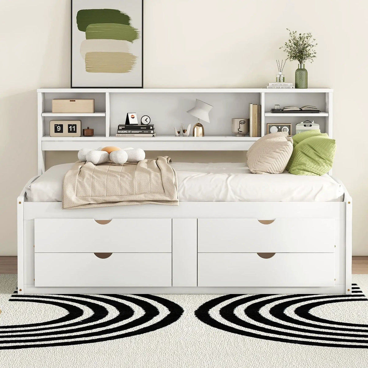 Daybed With Storage | 2 Bedside Cabinets | Upper Shelves | 4 Drawers