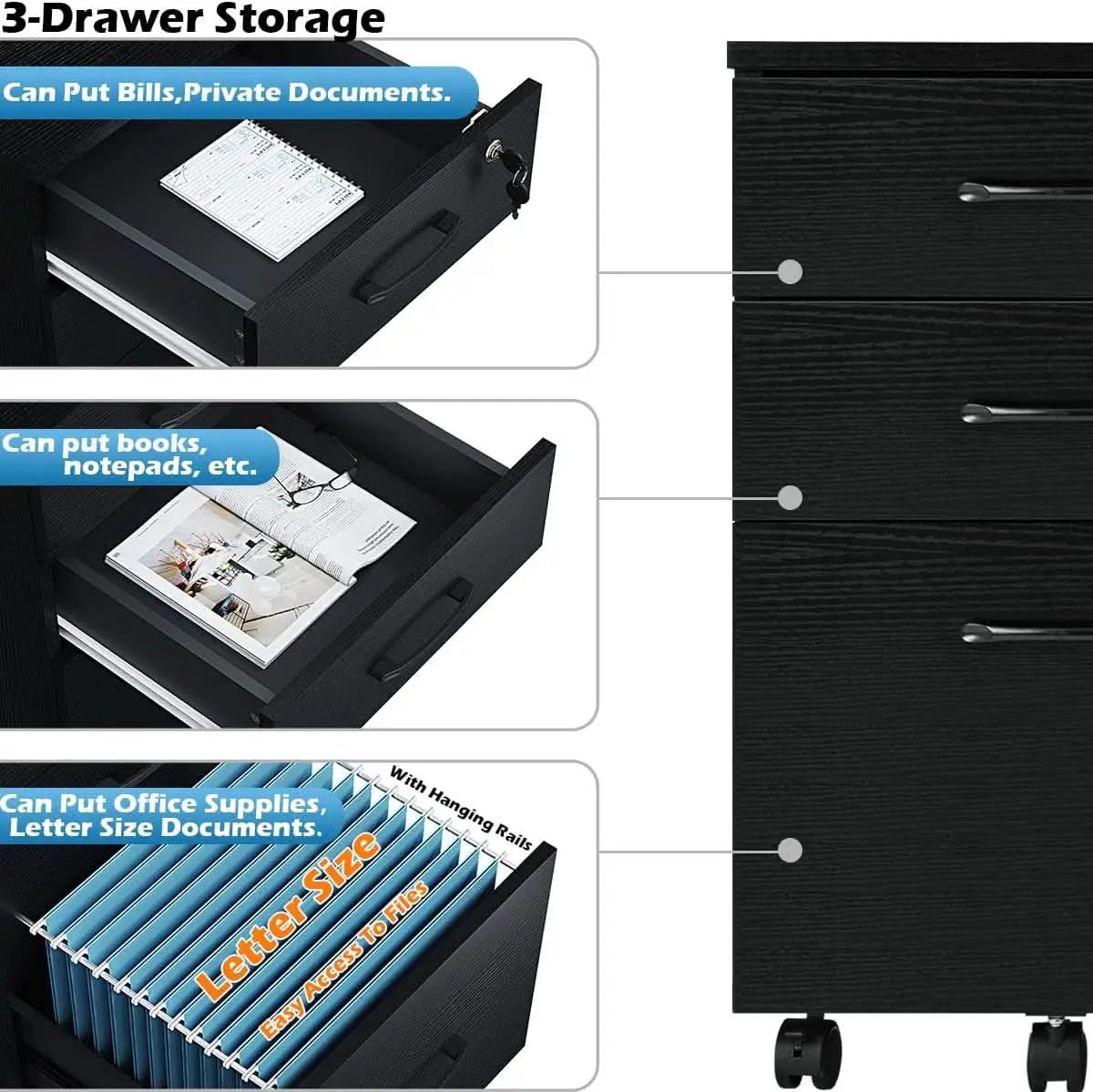 3 Drawer Wood Mobile File Cabinet With Wheels Black Under Desk Office Storage For Home Office Use from PriceLows™