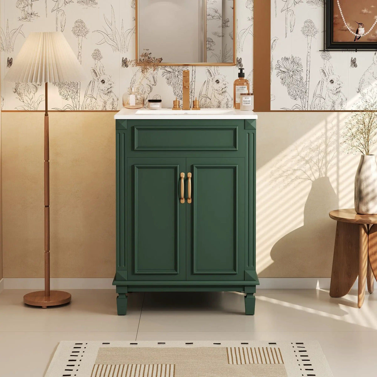 24 Inch Bathroom Vanity With Top Sink | Rubberwood Frame | 2 Soft Closing Doors | Glossy Ceramic Basin