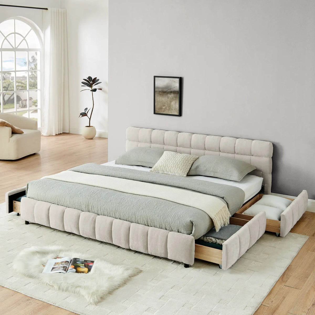 Modern Platform Storage Bed Frame | Thick Fabric Upholstery | Soft Headboard | Solid Construction