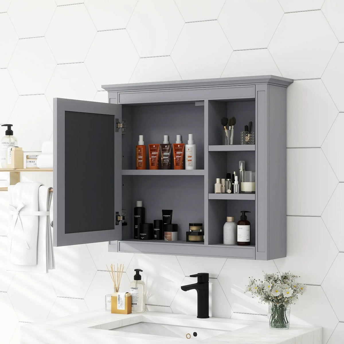 Modern Wall Mounted Medicine Cabinet | 3 Open Shelves | Mirror Door