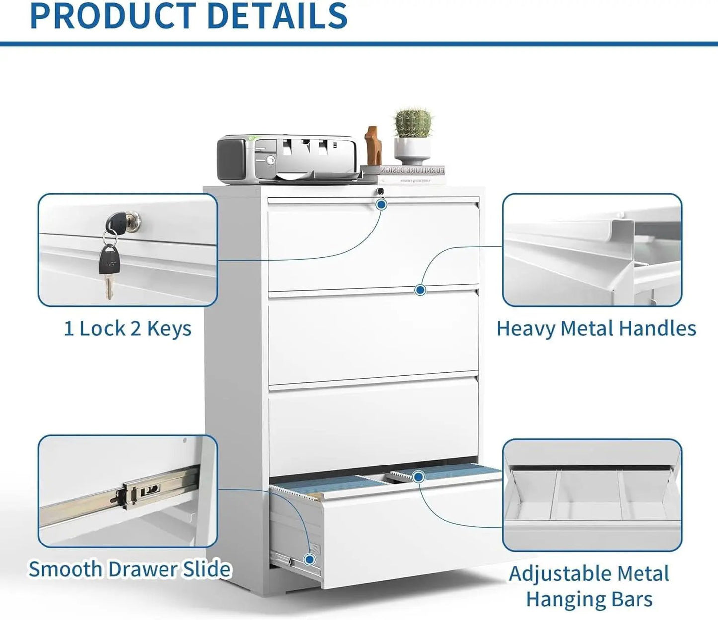Lateral File Cabinet 4 Drawer White Metal With Locks from PriceLows™