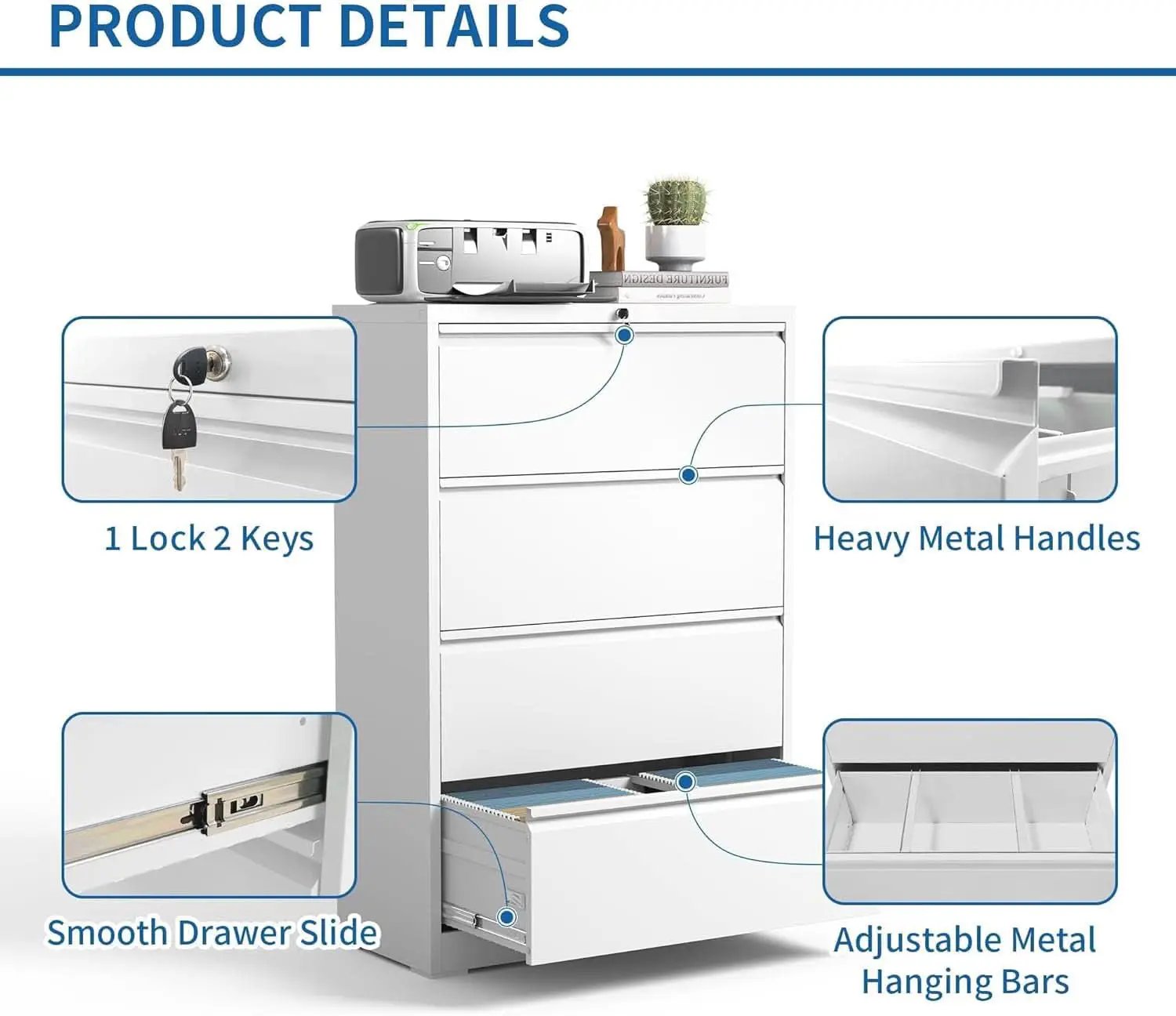 Lateral File Cabinet 4 Drawer White Metal With Locks from PriceLows™