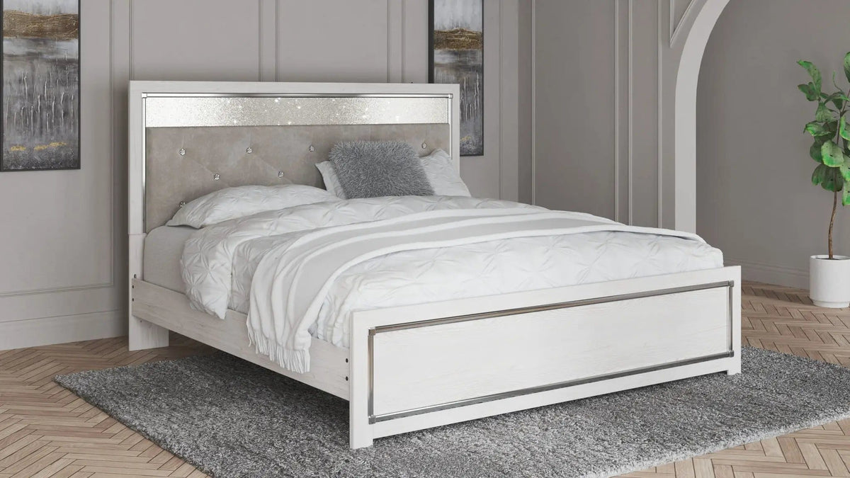 Altyra King Panel Bed With Upholstered Headboard | Panel Bed | Engineered Wood & Polyester | White